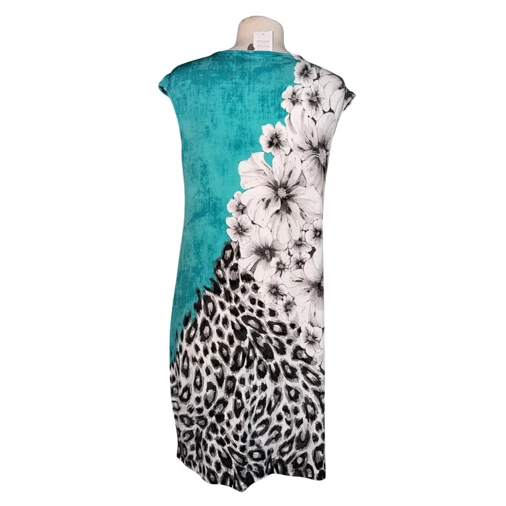 NWT Chico's Iona Cap Sleeve Knee Dress Floral Leopard Blue Surf 1 M 570176954 Z3